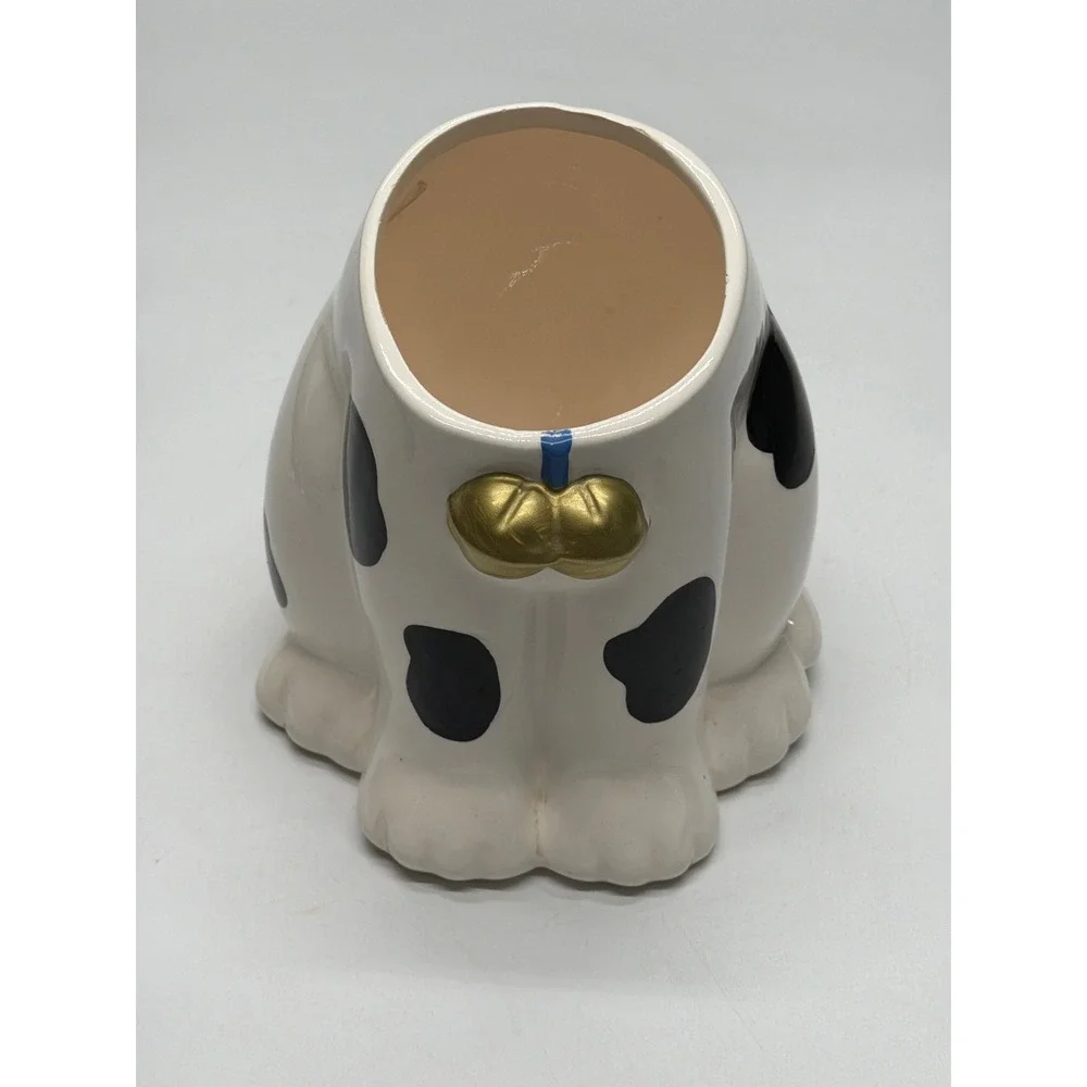 King Fong Pottery Corp Dog Planter‎ Pot Black Spots Gold Bow Blue Ribbon Base